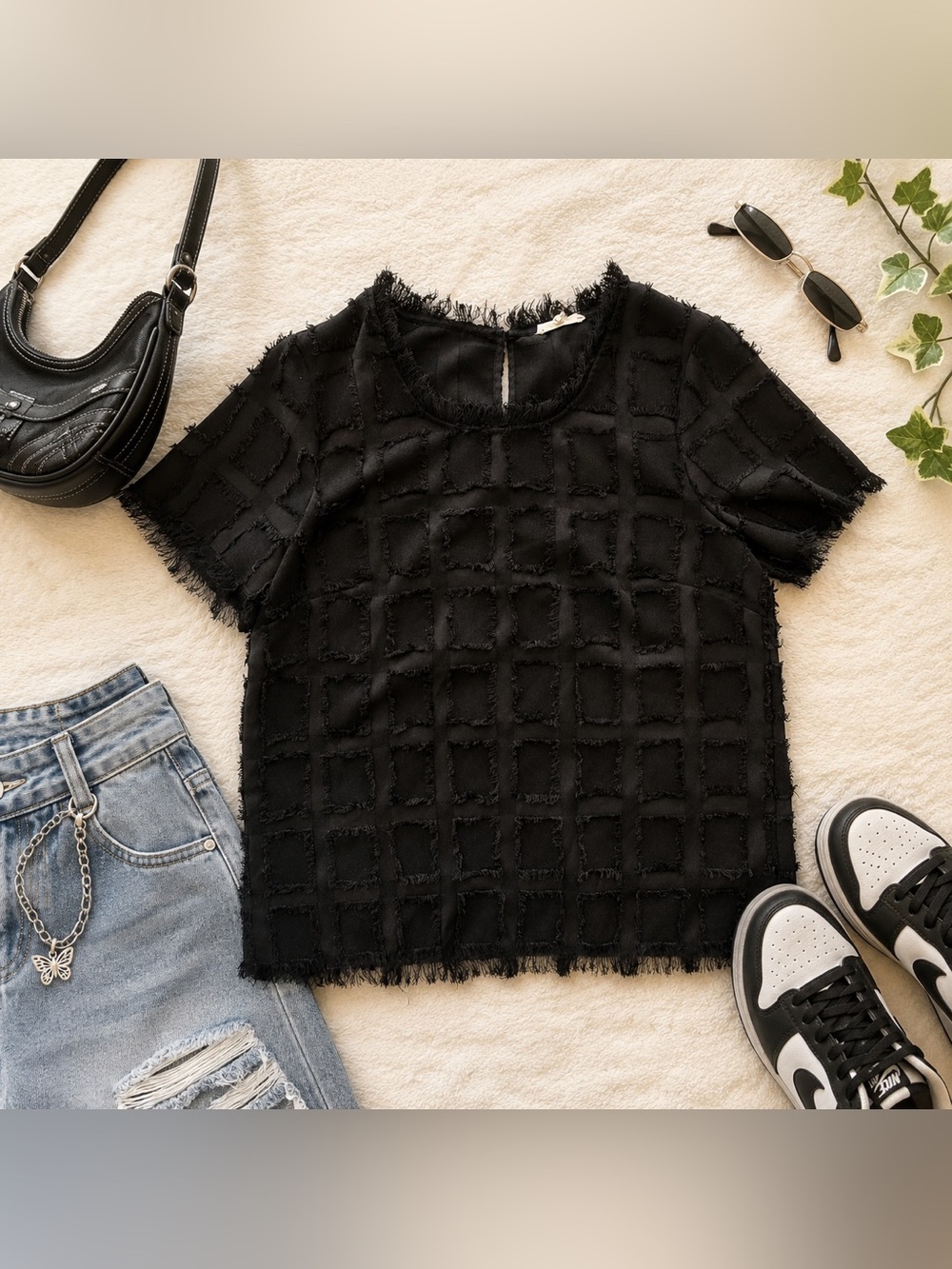 Pleione Black Textured Fringe Grid Short Sleeve Blouse Top Women’s Medium
